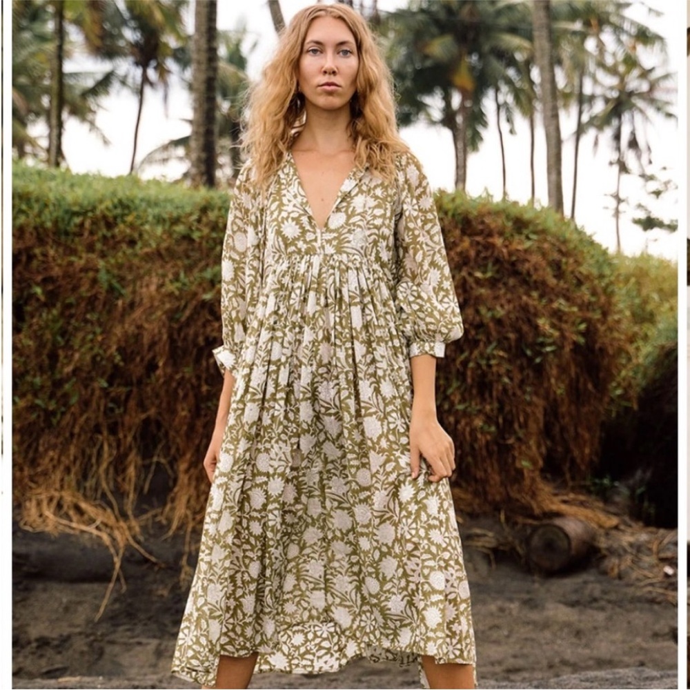 Daughters of India Olive Green and White Floral Midi Dress